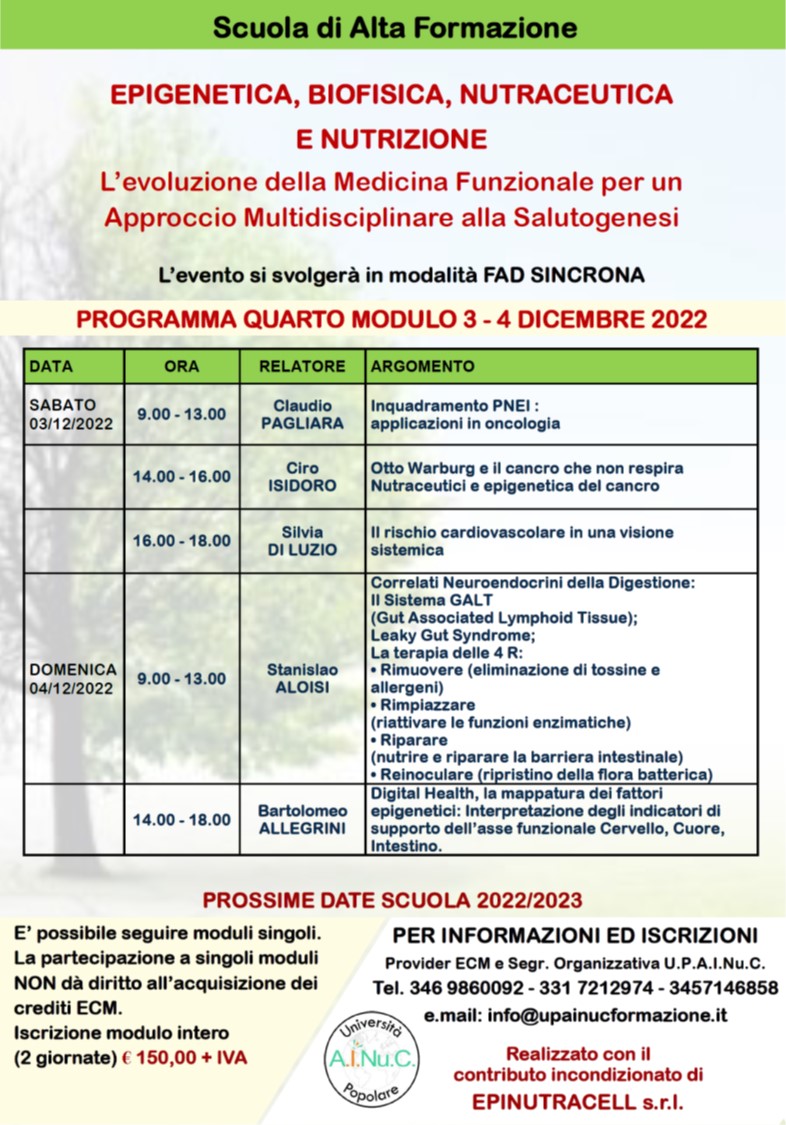 Fwd: 3 - 4 dicembre - MEDICINA FUNZIONALE - Scuola di Alta Formazione in EPIGENETICA, BIOFISICA, NUTRACEUTICA E NUTRIZIONE - 50 crediti ECM - Approccio clinico integrato